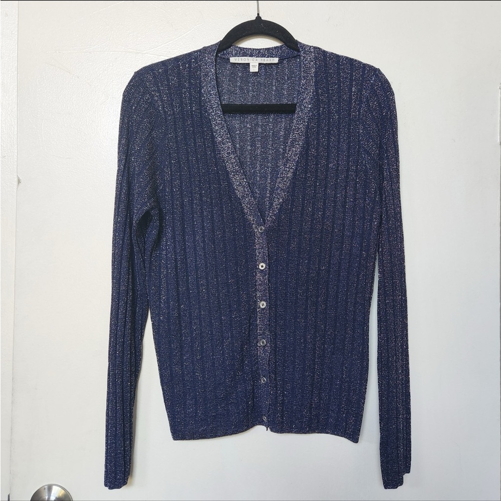 Veronica Beard Navy Metallic Ribbed V-Neck Cardigan